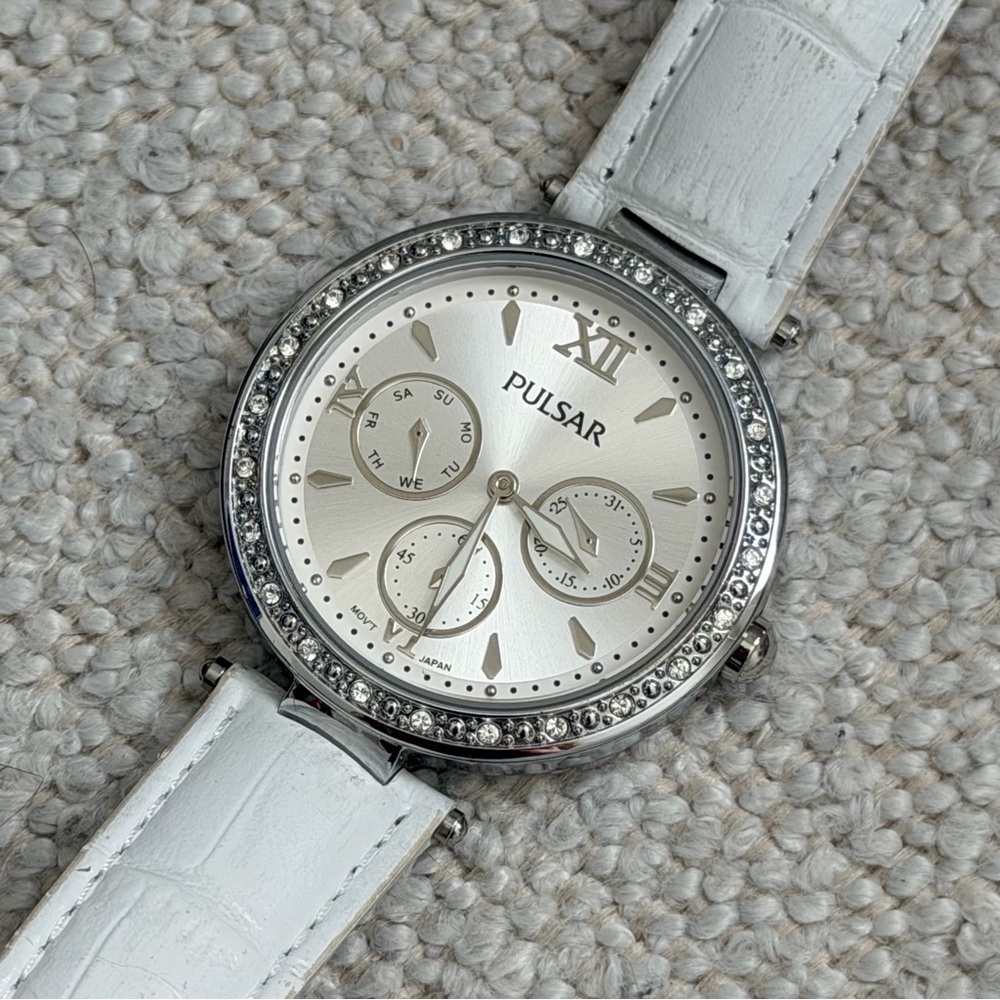Pulsar Silver Watch with Crystal Accents and White Strap